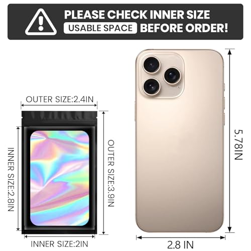 Funfery 100 pcs Black Mylar Holographic Bags Packaging Bags,Clear Resealable Bag Foil Pouch Bag for Food Storage and Lipgloss,Jewelry,Eyelash Packaging for Small Business(2.4x3.9Inch)3