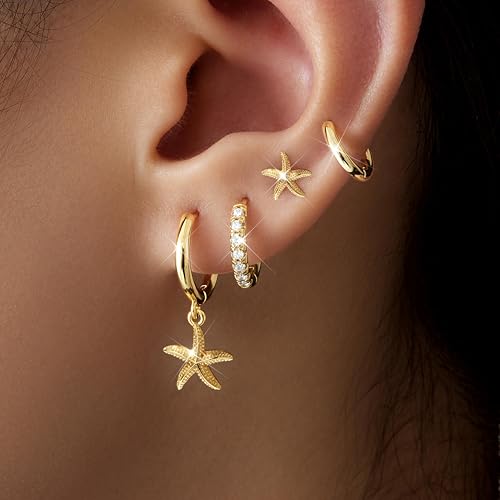 Image of Small Gold Huggie Hoop Earrings Set for Women Men Hypoallergenic 14K Plated Stack Cartilage Earrings, Sterling Silver Multiple Piercing Lightweight Mini Thin Cute Dainty Trendy Jewelry Gifts for Women