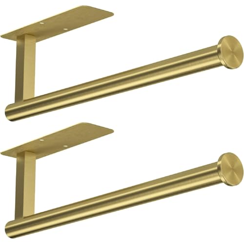 Image of ASTOFLI Paper Towel Holder Under Cabinet No Drilling, Self Adhesive Paper Towel Holder Wall Mount for Kitchen Rack, Under Counter Napin Holder No Drill, RV, 304 Stainless Steel, Gold Brass 2 Pack