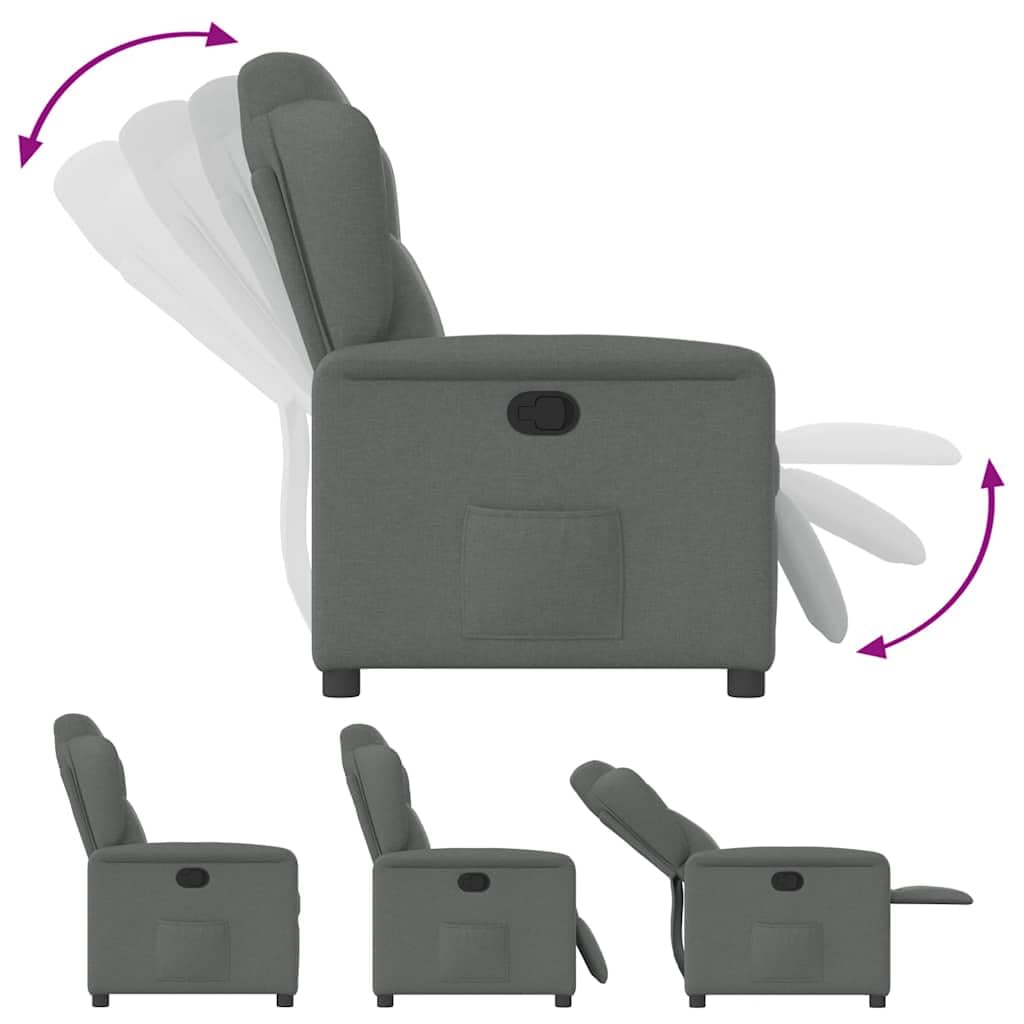 Fotel relaksacyjny, ciemnoszary, materiał z ręczną funkcją leżenia, regulowane oparcie, stabilna rama drewniana, wygodna tapicerka, kieszeń boczna, ergonomiczny kącik do czytania, do biura