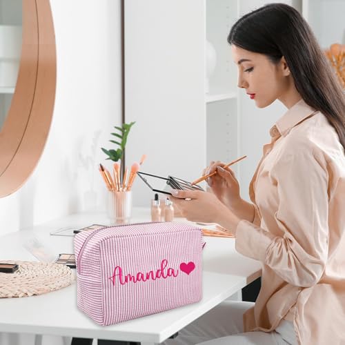 Personalized Seersucker Toiletry Bag Monogrammed Cosmetic Bag Cotton Seersucker Pouch Large Capacity Women Travel Toiletry Case for Travel Wedding Bridesmaid Graduation Gifts (Green)2