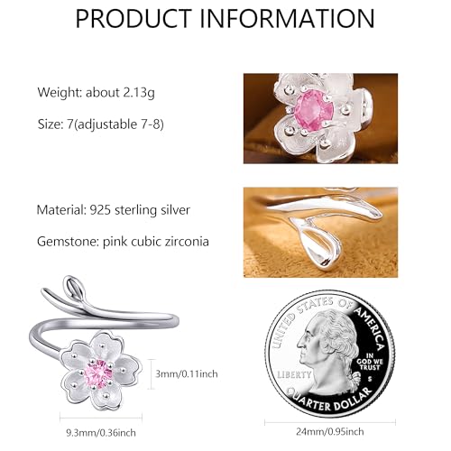SUYACS S925 Sterling Silver Cherry Blossom Flower Rings for Women Lucky Pink Birthstone Leaf Adjustable Ring Cute Sweet CZ Crystal Open Engagement Statement Promise Ring Birthday Jewelry for Her4