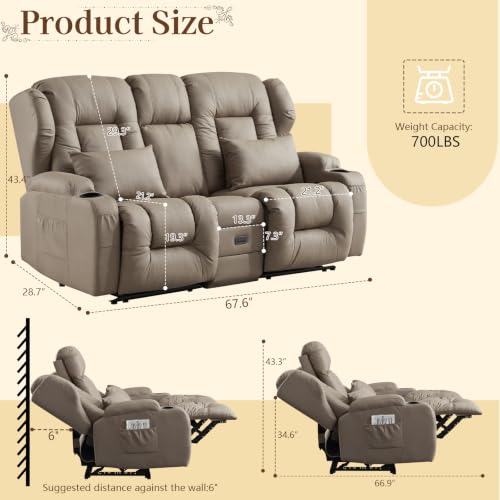 Image of SAMERY 67.6 inch Loveseat Recliner Sofa | Double Recliner Sofa & Console | Wall Hugger Loveseat Reclining RV Theater Seats | RV Couch Home Theater Seating Furniture (Fabric Khaki)