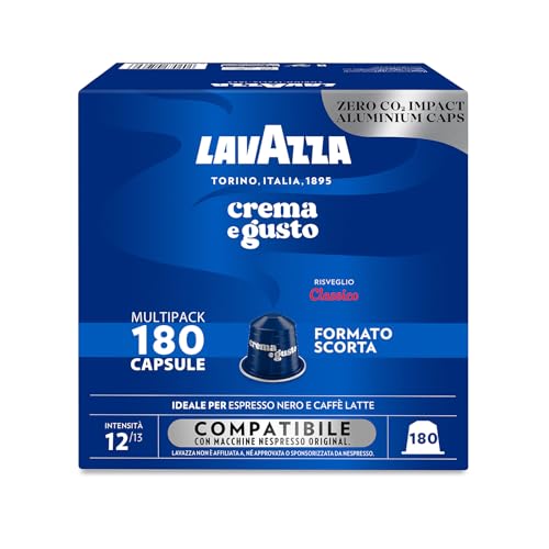 Lavazza, Crema y sabor clásico, 180 cápsulas de aluminio compatibles con máquinas Nespresso* original, con notas de especias, chocolate y madera, arábica y robusta, intensidad 12/13, tostado medio