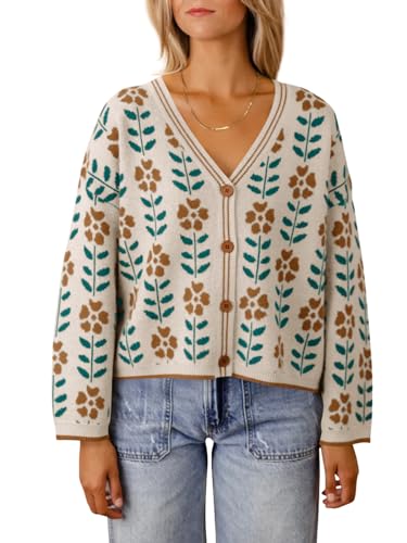 Saodimallsu Womens Floral Print V Neck Cardigan Open Front Button Down Knit Sweater Long Sleeve Loose Fashion Tops