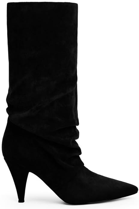 Modatope Slouchy Mid Calf Boots for Women Pointed Toe Chunky Heel Boots Faux Flod Over Slip on Womens Boots