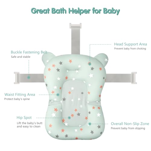 Image of Colorlife Baby Bath Seat Support Net Infant Bathing Seat Support Mat, Adjustable Comfortable Non-Slip Three-Pointed Baby Shower Net Bathtub Sit Up Mesh for Newborn 0-12 Months-Green Star(No Bathtub)