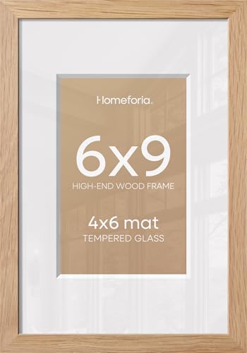 Image of Homeforia 6x9 Natural Oak Picture Frame, High-End Wood, 4x6 Mat, Glass | High End Solid Oak Wood, Tempered Glass, Acid-Free 4x6 Removable Mat, 6x9 Edge-to-Edge Display 9x6, Wall Kit, Set Of 1
