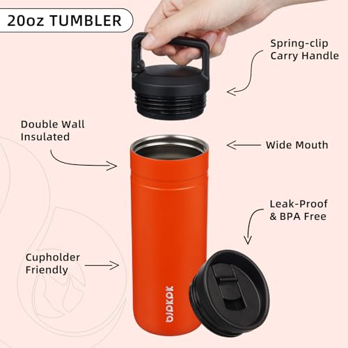 Image of BJPKPK 20 oz Insulated Travel Water Bottle, Coffee Tumbler Stainless Steel | Double Wall Vacuum, Leakproof, Thermal, Keeps Hot /Cold, BPA Free, Dishwasher Safe, Spill Proof, Wide Mouth, 2 Lids, Orange