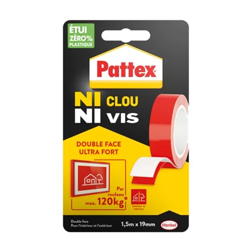 Pattex Ni Clou Ni Vis | Ruban adhésif double face ultra fort (rouleau de 1,5 m x 19 mm) – Adhésif de montage pour intérieur & extérieur – Maximum 120 kg par rouleau