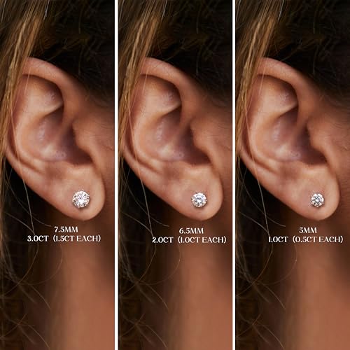 Moissanite Earrings Studs : 18K Gold Plated Solid 925 Sterling Silver Stud Earring for Women Men Hypoallergenic Dainty Moissanite Jewelry for Sensitive Ears Round Cut D Color VVS1 1CT-3CT3