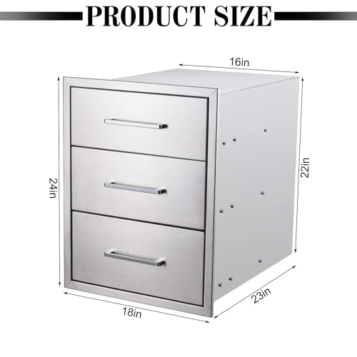 Image of Outdoor Kitchen Drawers,18 inch W x 24 inch H x 23 inch D Stainless Steel BBQ Triple Drawer with Chrome Handle, Enclosed Built-in Access Drawer Flush Mount for Outdoor Kitchen,BBQ Island