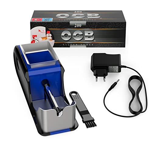 JEVX Maquina Liadora de Tabaco + 200 Tubos de cigarrillos con Filtro OCB - Entubador Electrico para Llenado de Cigarros - Entubadora Electrica para Liar Tubos de Tabaco Picado Azul