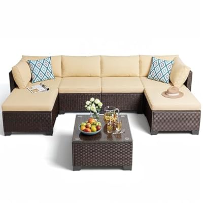 Gizoon 7 Pieces Outdoor Patio Furniture Set, All-Weather PE Rattan Wicker Sectional Sofa Seating with Waterproof Cushions and Coffee Table, Outdoor Conversation Set for Garden, Backyard, Balcony