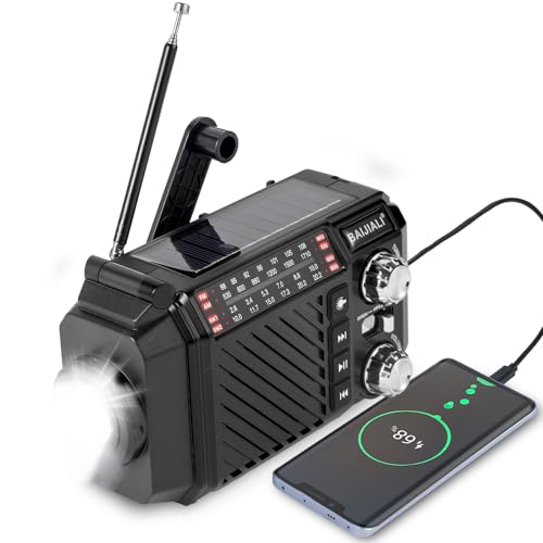 Kurbelradio Notfallradio mit 2600mAh Powerbank, Solar & USB-C Ladung, AM/FM/SW Weltempfänger, LED-Taschenlampe & SOS-Alarm für Notfall-Kits (Schwarz)