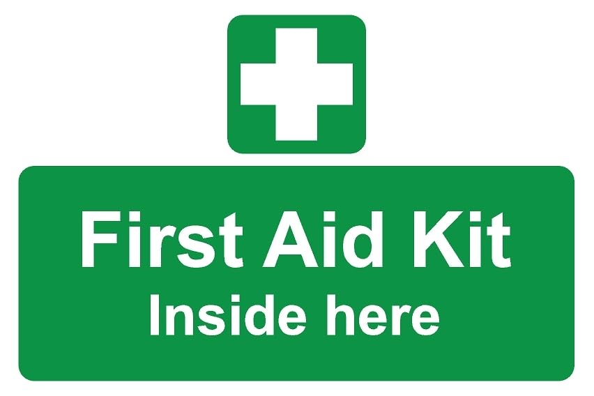 First aid kit inside here safety sign - Self adhesive sticker (200mm x 150mm)