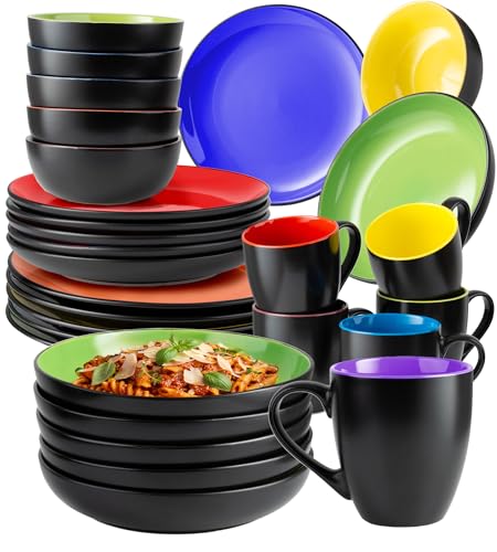 MIAMIO – Geschirrset 6 Personen/Steingut Geschirr Set 30-teilig, Tafelservice Steingut mit Tellern, Schüsseln, Tassen, und Suppentellern - Le Papillon Kollektion (Bunt,30 Teile Set)