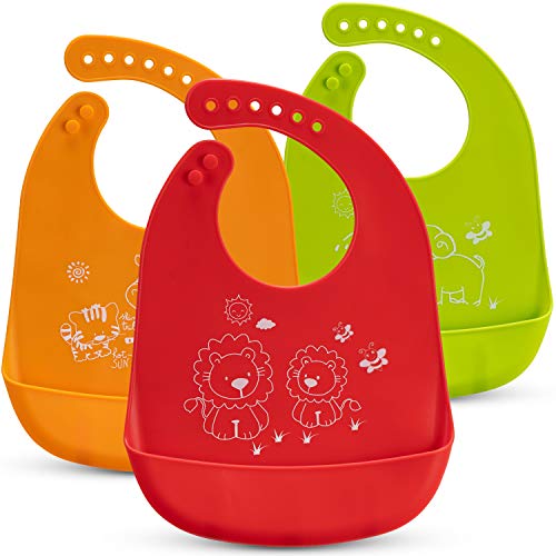 Baberos de bebé Impermeables u0096 3 paquetes de baberos de silicona u0096 Lavable a máquina u0096 7 tamaños ajustables u0096 lavable a máquina u0096 Bolsa de comida sin ensuciar