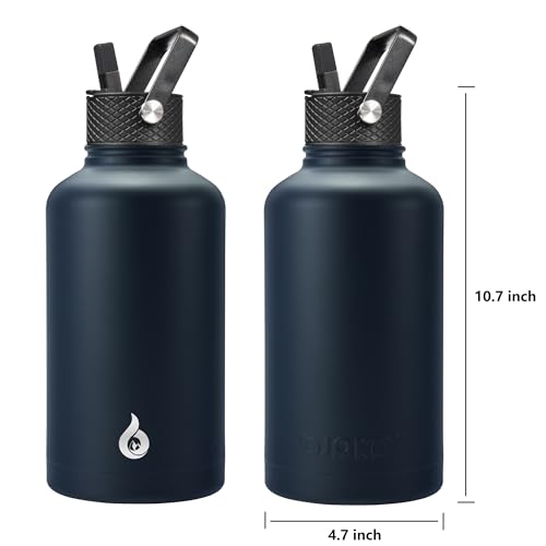 Image of BJPKPK Half Gallon Insulated Water Bottles with Straw Lid, 64oz Large Water Jug, Stainless Steel Bottles with 3 Lids and Paracord Handle, Thermo for Hot & Cold Liquid, Navy Blue