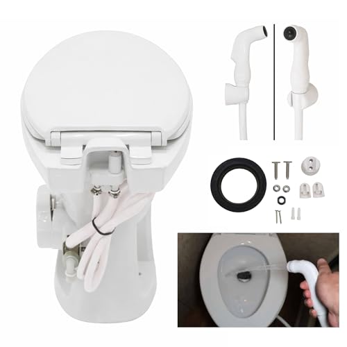 Image of SEAFLO Porcelain RV Toilet with Sprayer Attachment - Elongated Bowl 19 inch Inch Residential Height, Gravity Flush, Foot Pedal Soft Close Seat Camper Motorhome Easy Install 4 -year Warranty SFRTCH-02-02