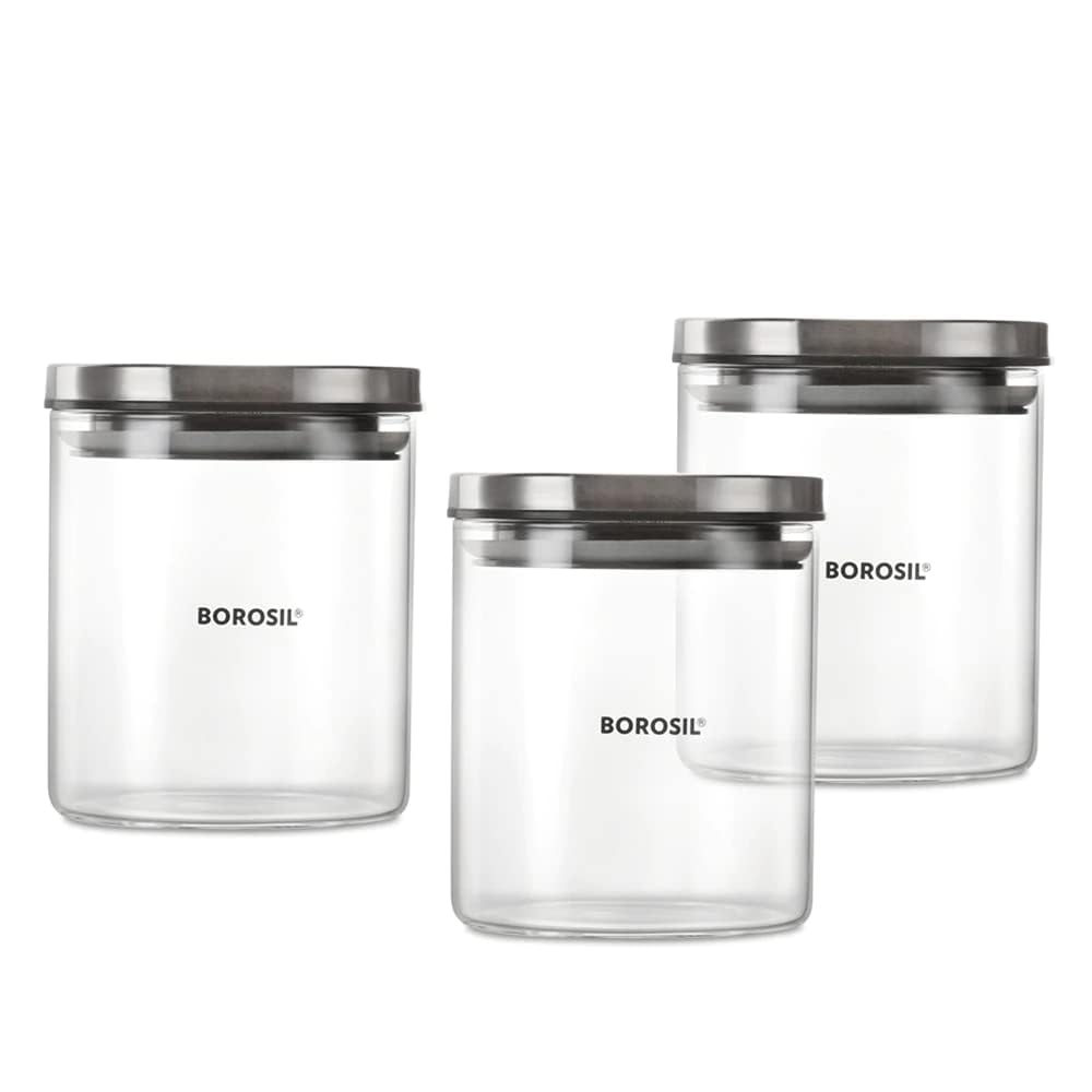 Nobel Clear Borosil Classic Glass Storage Jar Set With Wooden Tray, Air-Tight Container For Kitchen, 600 Ml Each, Set Of 3,