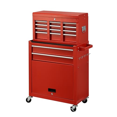 Lawazim Pro7 Combined Tools Box Cart - 7 Drawers Red - Rolling Tool Chest with Key Locking 4 Caster Wheels and Detachable Toolbox - for Garage Storage Workshop Organization & Maintenance Tasks