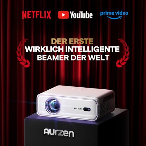 Aurzen Eazze D1 Smart Beamer Heimkino Projektor 4K Unterstützt Full HD 1080P Beamer mit NetfIix Officially & DoIby Audio, Autofokus & Trapezkorrektur, Mini WiFi Bluetooth Video Projektor, Weiß