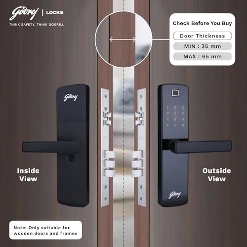 Image of Godrej Smart Lock I Catus Touch Plus I Digital Lock for Wooden Door I 4in1 Access I Fingerprint | RFID I PIN Access I Mechanical Key I 3 Dead Bolts I Black I 3 Yr Warranty