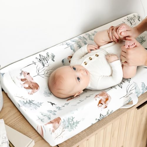 Image of GRSSDER Stretch Ultra Soft Jersey Knit Changing Pad Cover Set 2 Pack, Change Table Pad Covers Fit 32 inch /34 inch x 16 inch Pads Safe and Snug, Pretty Pattern for Boys and Girls, Bear and Wolf Print