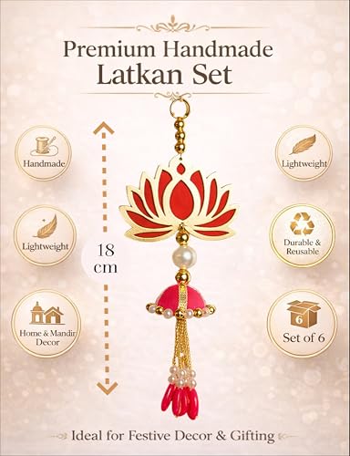 Image of Handcrafted Decorative Wall Decor Lotus Jhumki Hanging Ornament for Ganpati Diwali Navratri and Pooja Setup Home Entrance Mandir Temple Decor Pack of 6