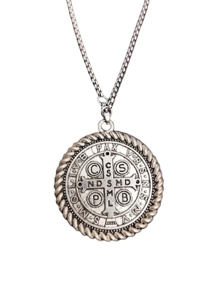 Saint Benedict Medal Protection Pendant Necklace Stay Away Satan Excorsism Couples Combo (1.50" & 1" Diameter Each) - Stainless Steel Chain