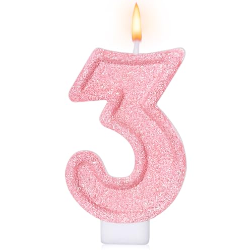 Cute Number 3 Birthday Candle Glitter Pink Number Candles Birthday Cake Topper Decoration Party Supplies Anniversary Celebrations