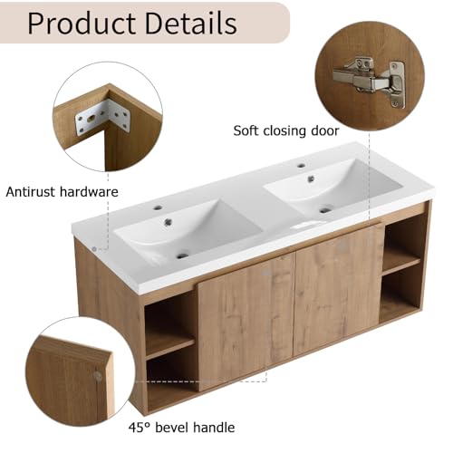 Image of Floating Bathroom Vanity, 48 inch Bathroom Storage Cabinet with Double Resin Sinks, 2 Soft-Close Doors & 4 Open Storage Shelves, Modern Wall-Mounted Vanity with 45 Bevel Handles, Oak