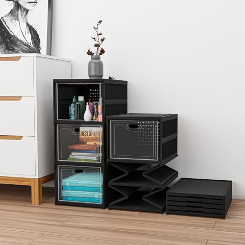 Image of Kuber Industries 3-Tier Transparent Plastic Collapsible Space Saving Closet /Cabinet | Makeup Cosmetics, Books & Stationary Organizer Storage Boxes for Home, Office & Hostel Use | Black