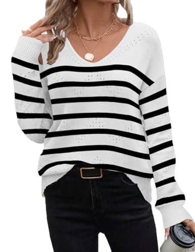 Image of Zeagoo Womens Sweaters Fall Trendy Casual Long Sleeve Shirt Lightweight V Neck Off Shoulder Crochet Pullover Top Outfit