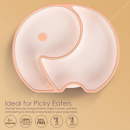 Image of BAYBEE Elephant Silicone Divided Baby Plate with 2 Training Spoons | Baby Feeding Set for Toddlers & Kids | Suction Plate and Spoon Combo for Boys & Girls | Tableware Set for Boys & Girls (Orange)