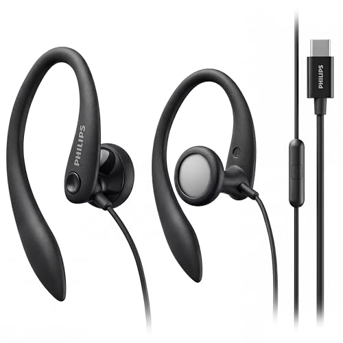Philips USB-C Wired Earbuds with Microphone, Secure Fit Over-Ear Sport Earhooks, Deep Bass 15mm Drivers, in-Line Controls, Plug-and-Play USB-C Earphones, Wired Open Ear Headphones for Running & Gym