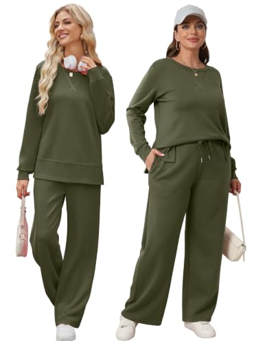 Image of OFEEFAN Women's 2 Piece Lounge Set Travel Airport Outfits Side Slit Tracksuit Wide Leg Loungewear Baggy Comfy Sweatsuit S-3XL