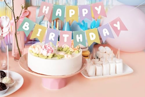 Image of Runhiskii Pastel Happy Birthday Banner, Rainbow Birthday Bunting Sign for Women Girls Boys Birthday Party Decorations, Reusable Girls Party Backdrop Light Pink Blue Purple Yellow