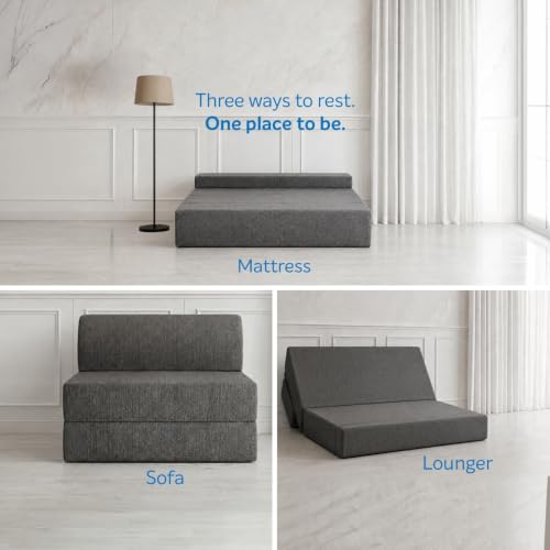 Image of Sleepwell Sofa Cum Bed | Single Seater 75x30x7 Inch - Folds into a Single Bed | Comfortable by Day, Supportive by Night Resitec Foam | Washable Zip Cover | Grey | 3 Years Warranty