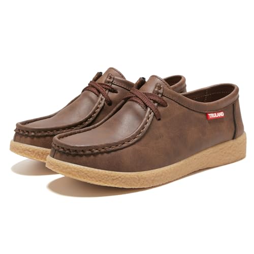 Image of TRULAND Leather Oxford Shoes for Women - Suede Lace Up Moc Toe Low Platform Flat Wallabees Shoes