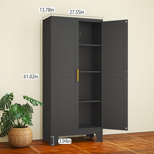Image of Black Metal Storage Cabinet, 61 inch Steel Cabinets for Home Office | Kitchen Pantry Storage Cabinet with Doors and 3 Adjustable Shelves, Metal Tool Cabinet, for Office, Home, Garage, School