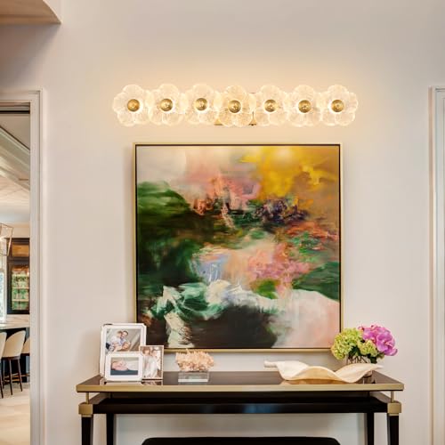 Image of MantoLite 33.46'' Bathroom Light Fixtures Modern Vanity Light Over Mirror Adjustable 3000K-6000K Picture Lights Art Light with Floral Clear Glass Shades for Living Room Bedroom (7 Light Gold)