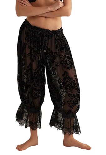 Image of UAURORAO Women Lace Trim Bloomer Pants Flowy Culottes Pantaloons Bloomers
