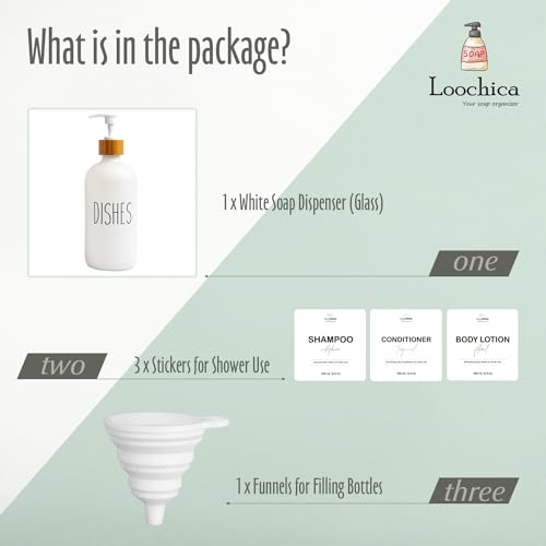 Image of LOOCHICA Dish White Glass Soap Dispenser with Plastic Pump, 16 Oz White Dish Soap Dispenser Set Refillable Reusable Apothecary Soap Pump Dispenser Bottles for Bathroom and Kitchen