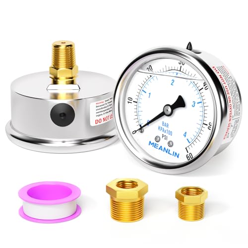Image of MEANLIN MEASURE Stainless Steel 1 /4 inch NPT 2.5 inch FACE DIAL Liquid Filled Pressure Gauge WOG Water Oil Gas Center Back Mount(0~60Psi)