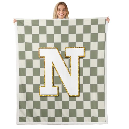 Image of Erosebridal Sage Green Checkered Fleece Blanket Twin 60 inchx80 inch Plaid Initial N Sherpa Blanket Personalized Monogram Fuzzy Plush Throw for Kids Boys Girls,Fashion Grids Gingham Decor for Bed Couch