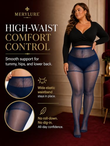Image of MERYLURE Plus Size Sheer Tights for Women,20D Control Top Pantyhose Reinforced Toes High Waist Stockings 3 Pairs 1XL-6XL