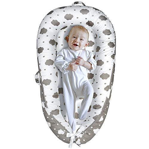 Image of Yoocaa Baby Lounger - Soft 100% Cotton & Fiberfill Breathable Newborn Lounger, Infant Portable Baby Bed for Traveling (Cloud)