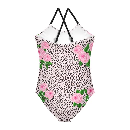 Leopard Pink Roses Swimsuit for Girls One Piece, Spaghetti Straps, Cross Back Design, Ages 3T2